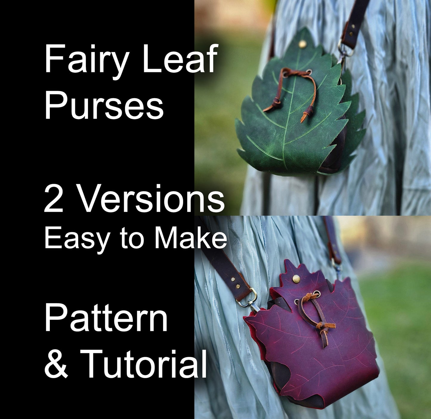 Fairy Leaf Purse - Leather pouch pattern - DIY PDF with Maple & Simple Leaf Designs - Fantasy drawstring bag for Elves, DnD, LARP, Cosplay - Simple Good Leather
