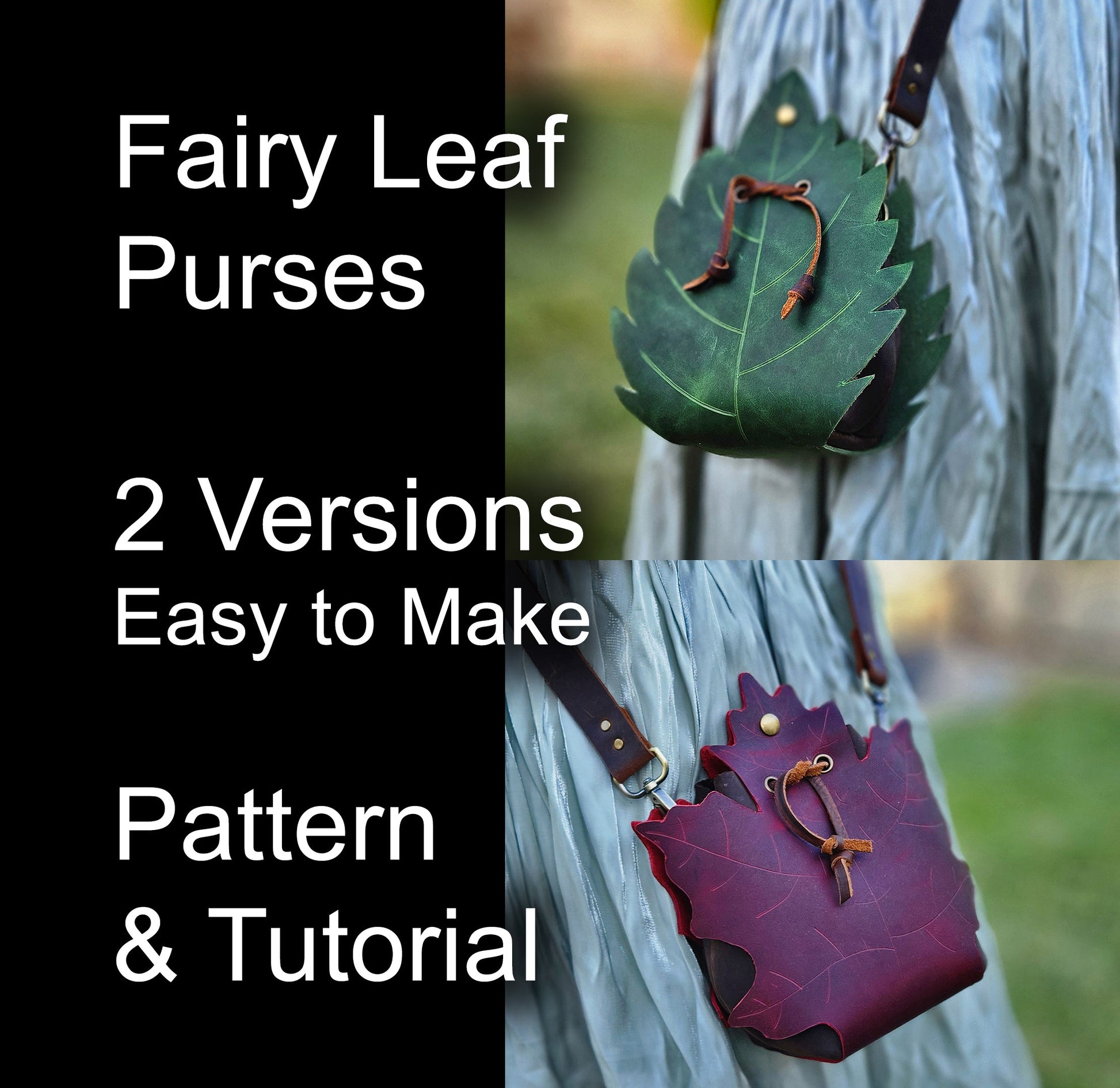 Fairy Leaf Purse - Leather pouch pattern - DIY PDF with Maple & Simple Leaf Designs - Fantasy drawstring bag for Elves, DnD, LARP, Cosplay - Simple Good Leather