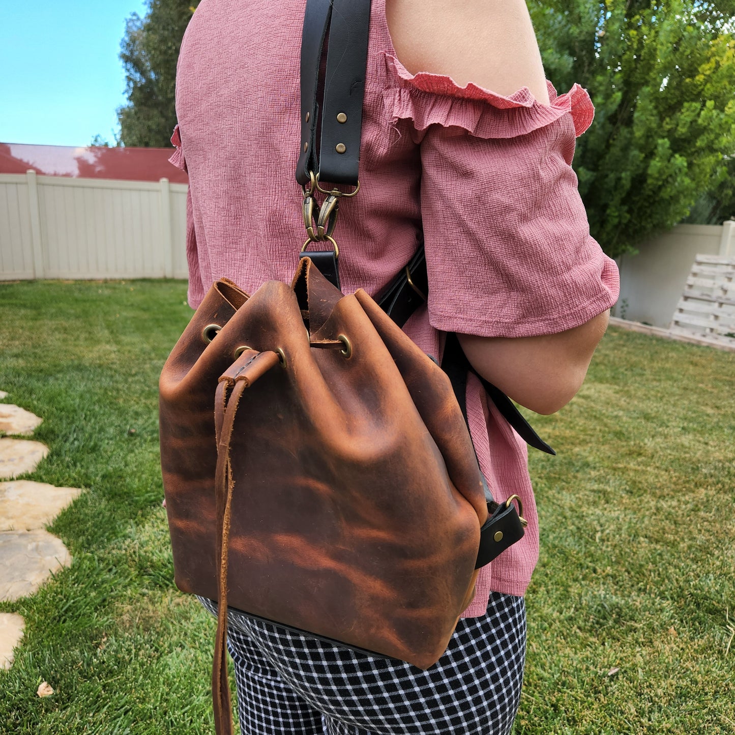 Drawstring Bucket Leather Backpack - Leather Bag with straps - Leather Shoulder Bag - Unique Leather Gift - Simple Good Leather