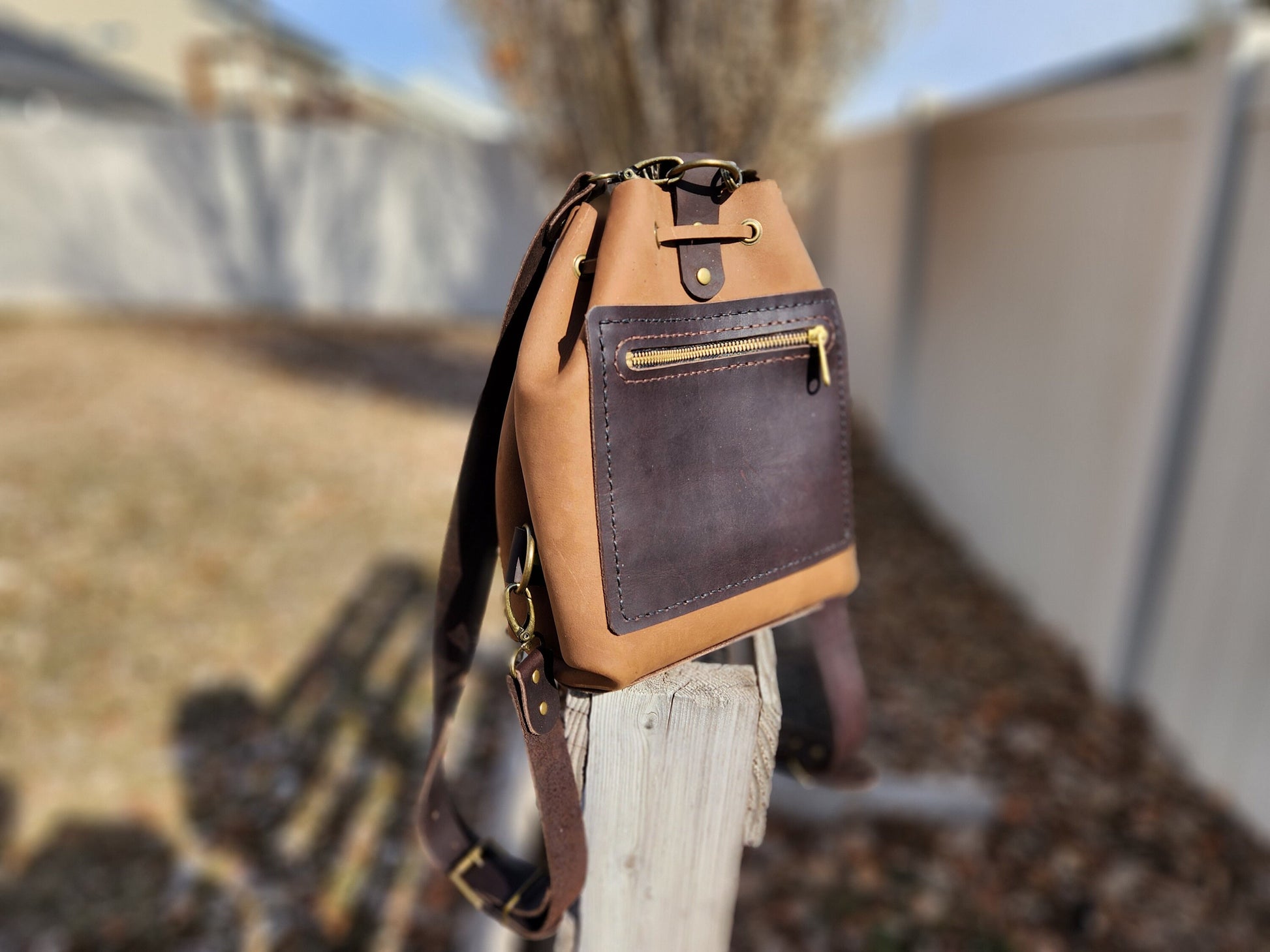 diy basketry gathering backpack leather straps Drawstring Bucket Style Bag Pattern - DIY Leather Pattern