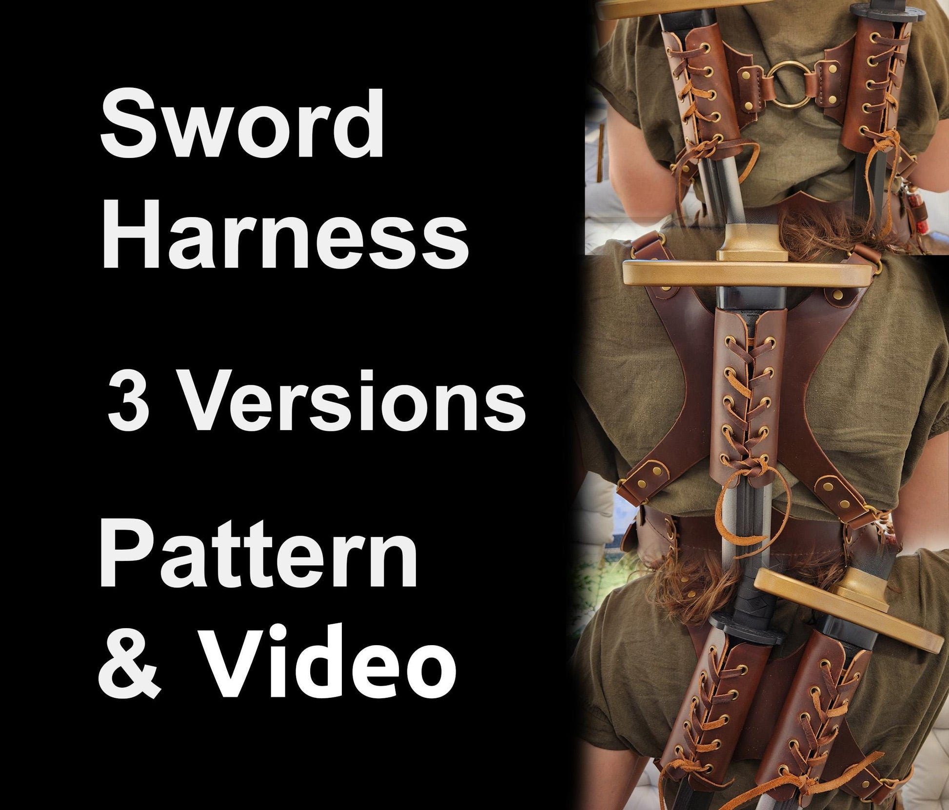 Medieval Dual Strap Sword Holder Sheath Leather Pattern - 3 DIY Patterns for back sword scabbard harness - Perfect for costume or cosplay - Simple Good Leather